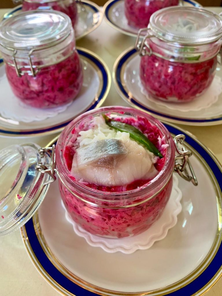 Herring in a fur coat, a traditional Russian food.
