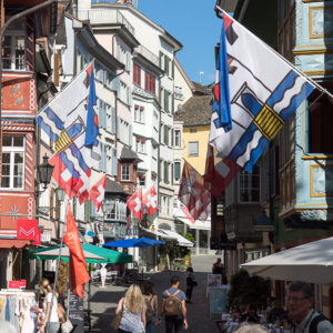 A street with flags from different nations