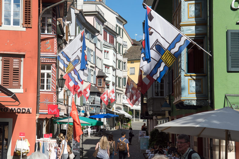 A street with flags from different nations