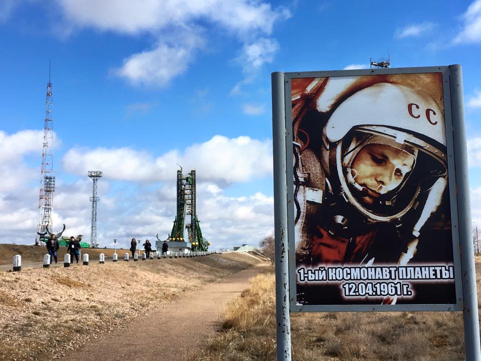 Baikonur Cosmodrome with Yuri Gagarin's picture, seen on Republics of Silk Road tour