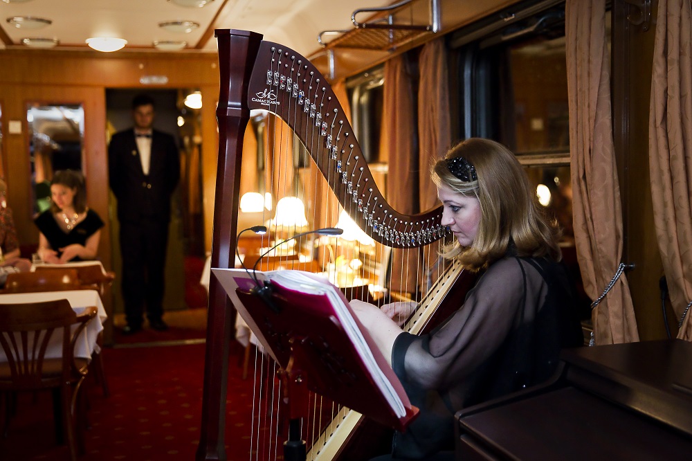 A harpist performing in the train's bar car