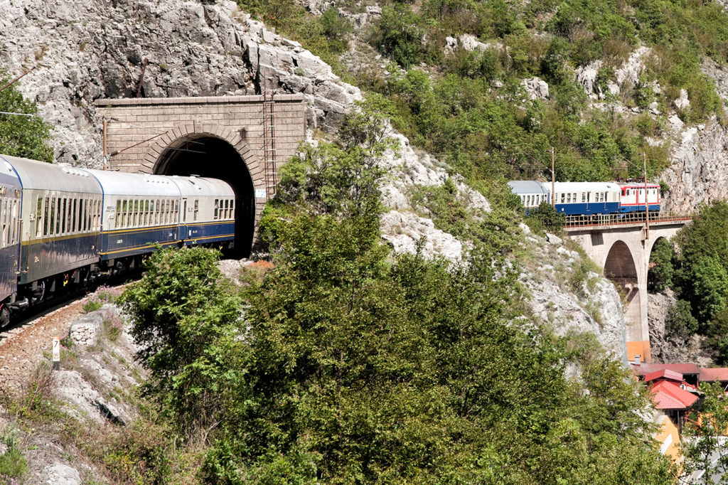 The Golden Eagle Danube Express passing through a tunnel in Neretva Valley